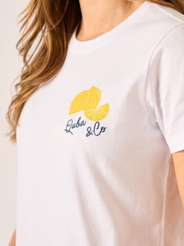 White Lemon Print & Embroidered T-Shirt - Sunny