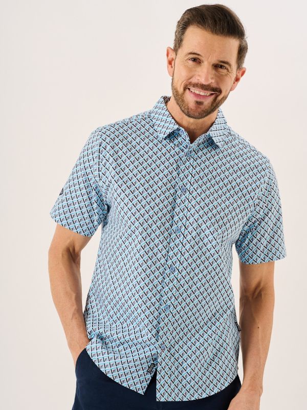 Blue Geometric Print Short Sleeve Oxford Shirt - Tilbury
