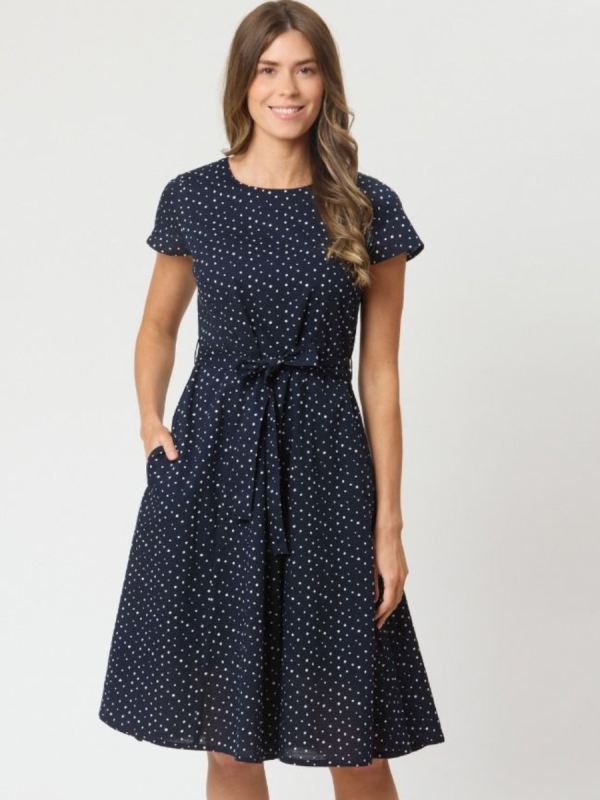 Niamh Spot Design Dobby Dress In Navy And White