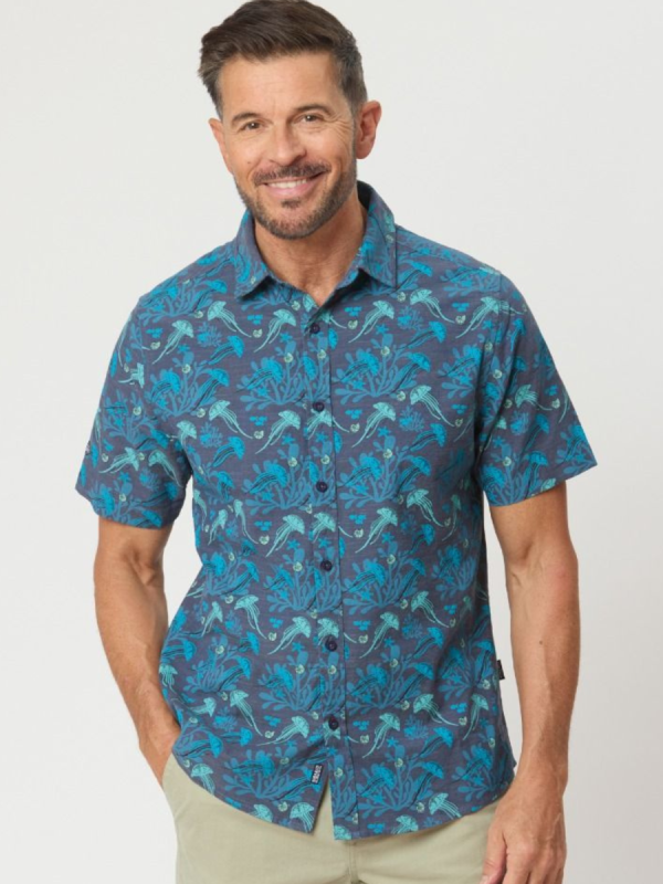 Jeston Jellyfish Print Chambray Shirt In Blue