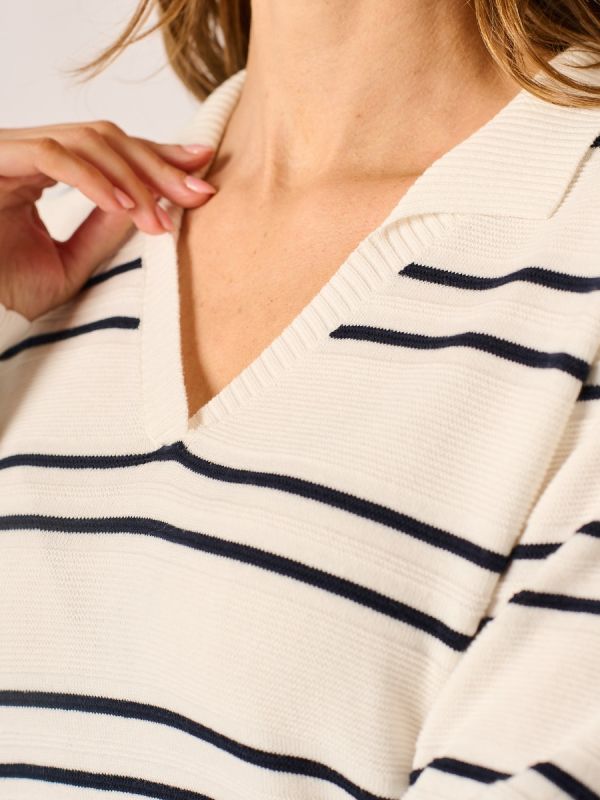 Foam White and Navy Stripe V-Neck Collared Knit Jumper – Vila