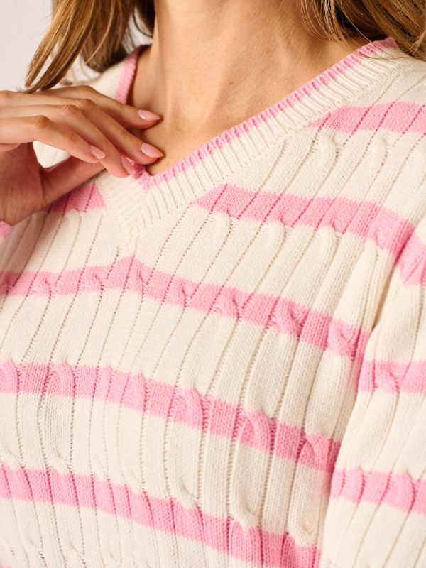 Foam White and Pink V-Neck Cable Jumper - Vince