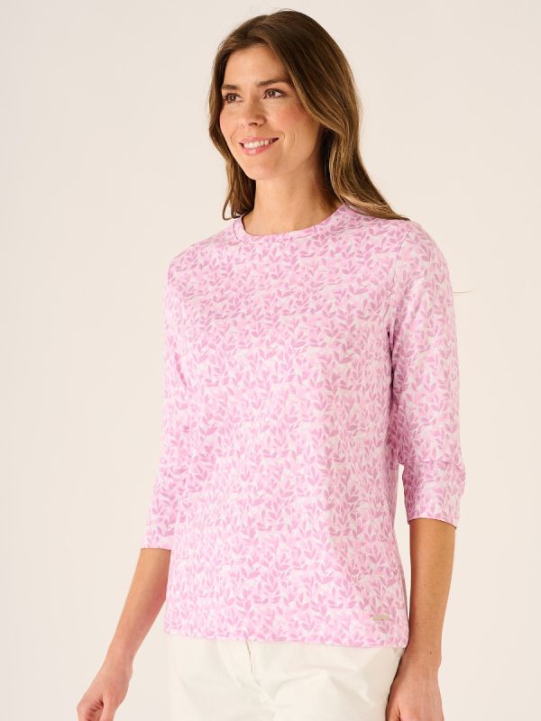 Wess Leaf Print 3/4 Sleeve T-Shirt In Pink And White 