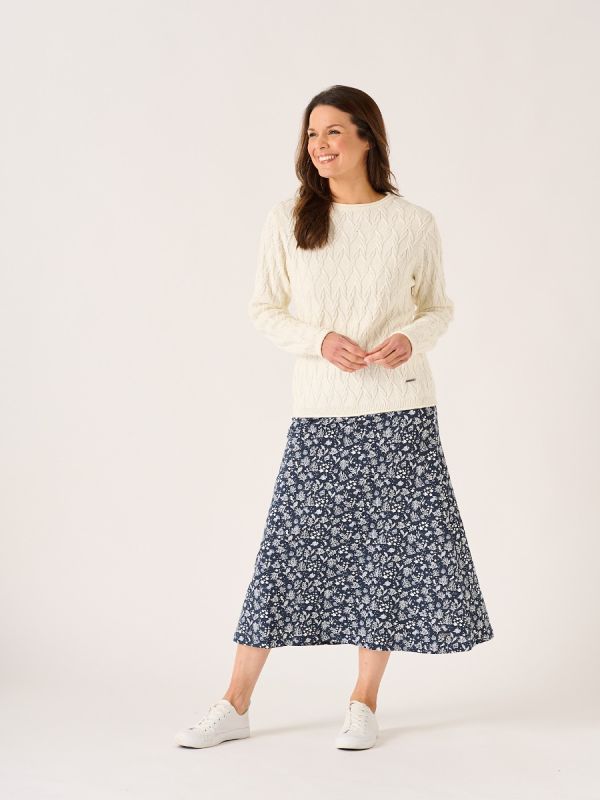 Langden Navy and White Ocean Design Midi Skirt
