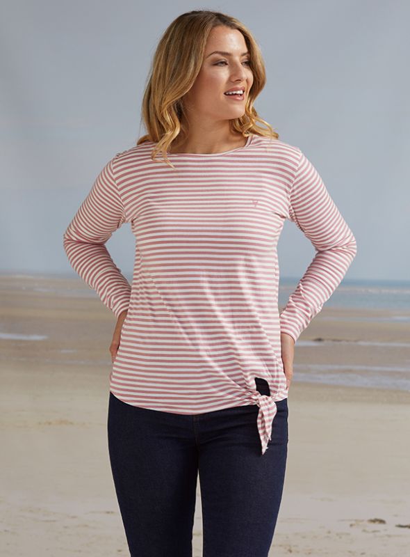 Nellie Tie Front Long Sleeve T-Shirt - Rose Pink/Foam White