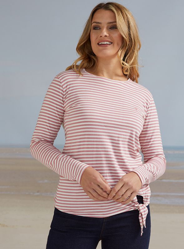 Nellie Tie Front Long Sleeve T-Shirt - Rose Pink/Foam White