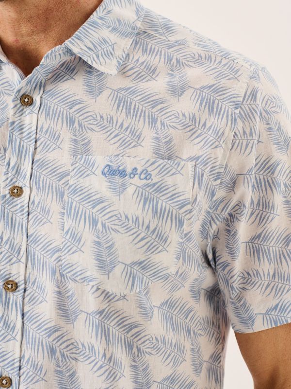White And Blue Printed Design Short Sleeve Slub Shirt - Allby