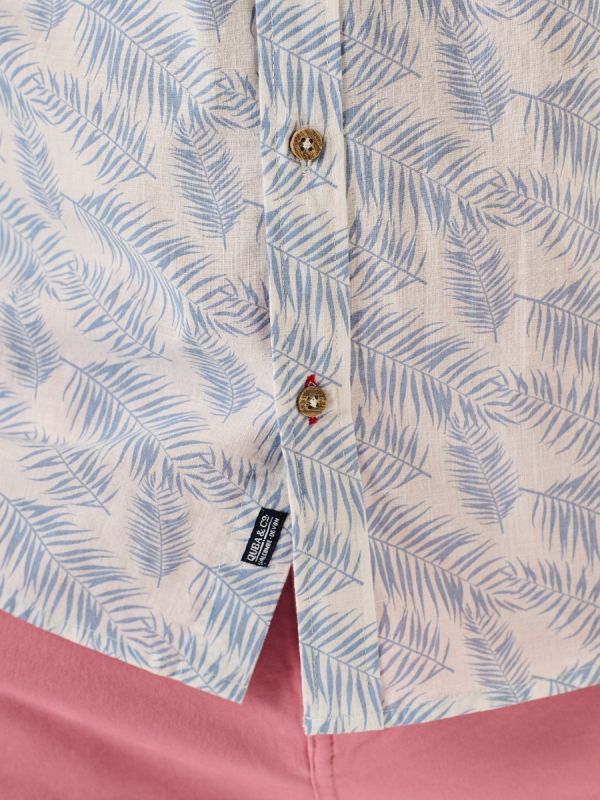 White And Blue Printed Design Short Sleeve Slub Shirt - Allby