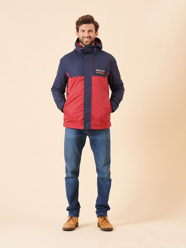 navy, red, colour block, jacket, water proof, wind proof, hooded, zip up, fleece lined