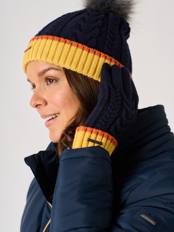 Navy and Ochre Cable Knitted Bobble Hat - Antrim
