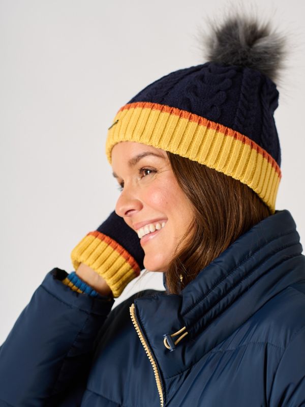 Navy and Ochre Cable Knitted Bobble Hat - Antrim