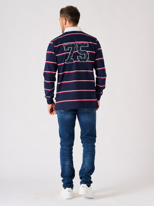 Navy Blue and Red Striped Long Sleeve Rugby Shirt - Archer
