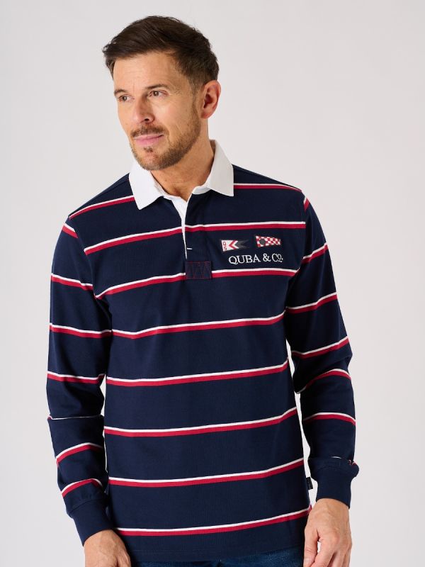 Navy Blue and Red Striped Long Sleeve Rugby Shirt - Archer
