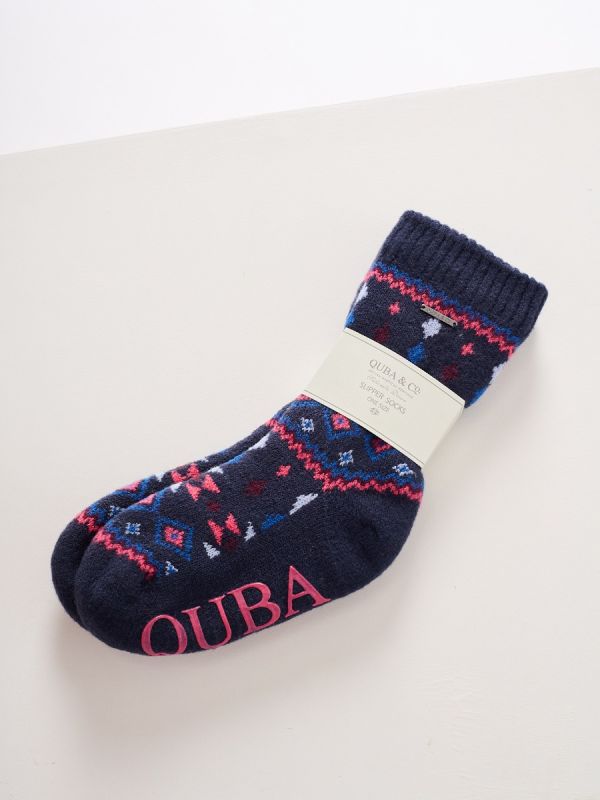 Navy and Winter Berry Fairisle Knitted Ladies Bed Socks - Falmer 