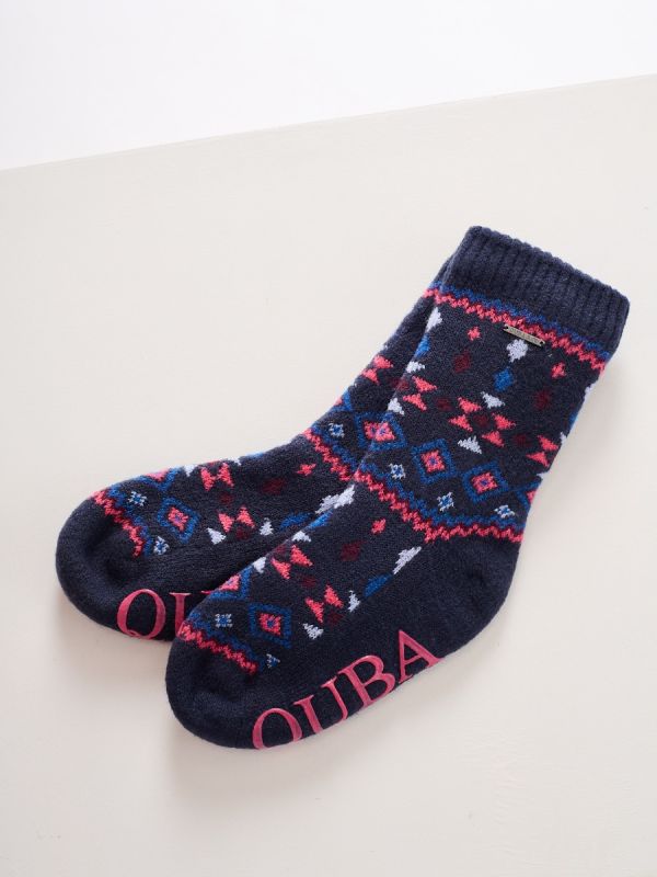 Navy and Winter Berry Fairisle Knitted Ladies Bed Socks - Falmer 