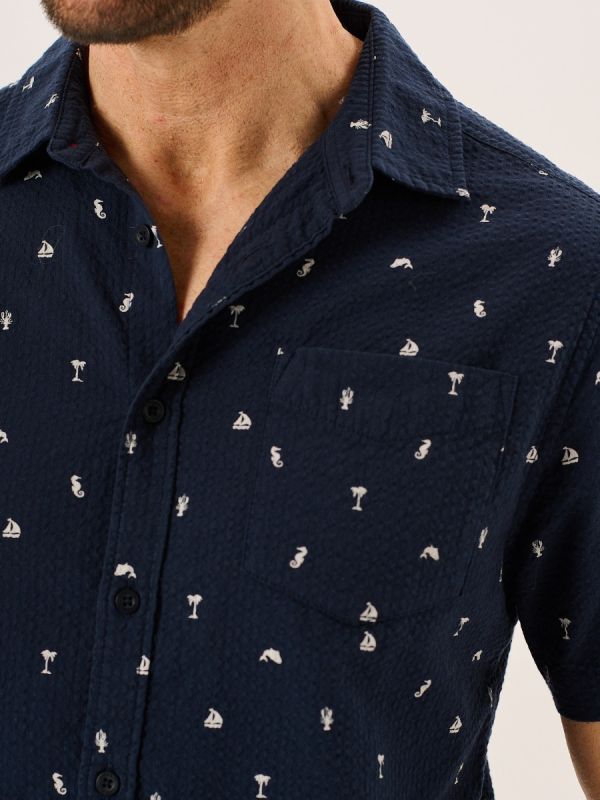 Navy Nautical Print Seersucker Short Sleeve Shirt - Ashton