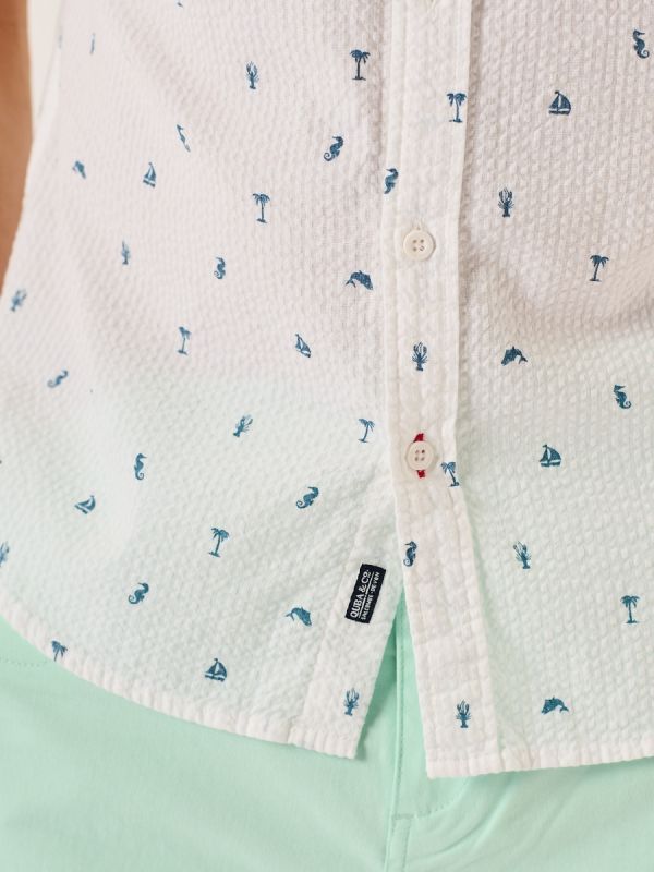 White Nautical Print Seersucker Short Sleeve Shirt - Ashton