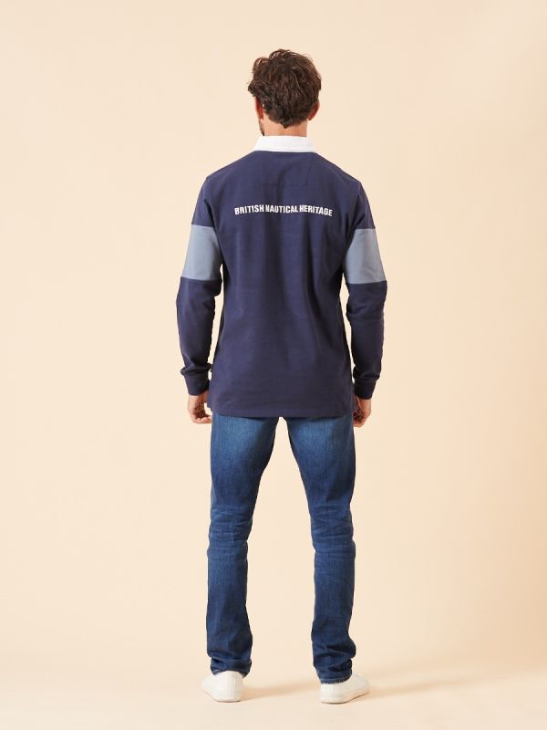 navy, white, blue, embroidery, basic, long sleeve, polo, rugby, top, shirt, t-shirt, colour block, panelled, thick 