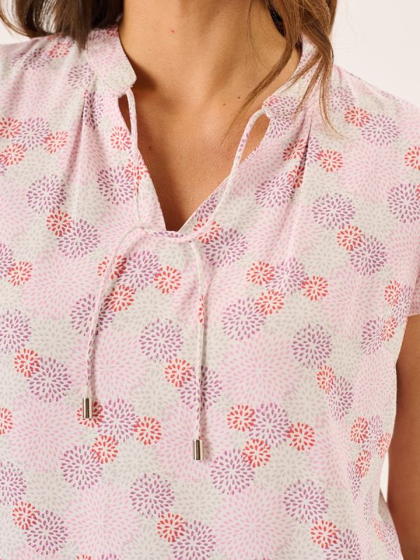 Pink And White Spotted Tie Neck Short Sleeve Top - Cammy
