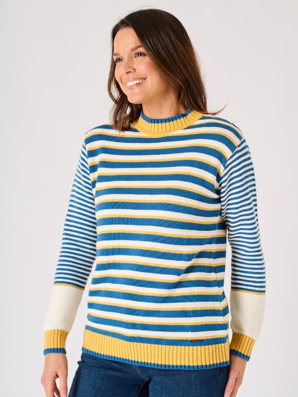 Blue and White Striped Ladies Cable Knit Jumper -Carrien