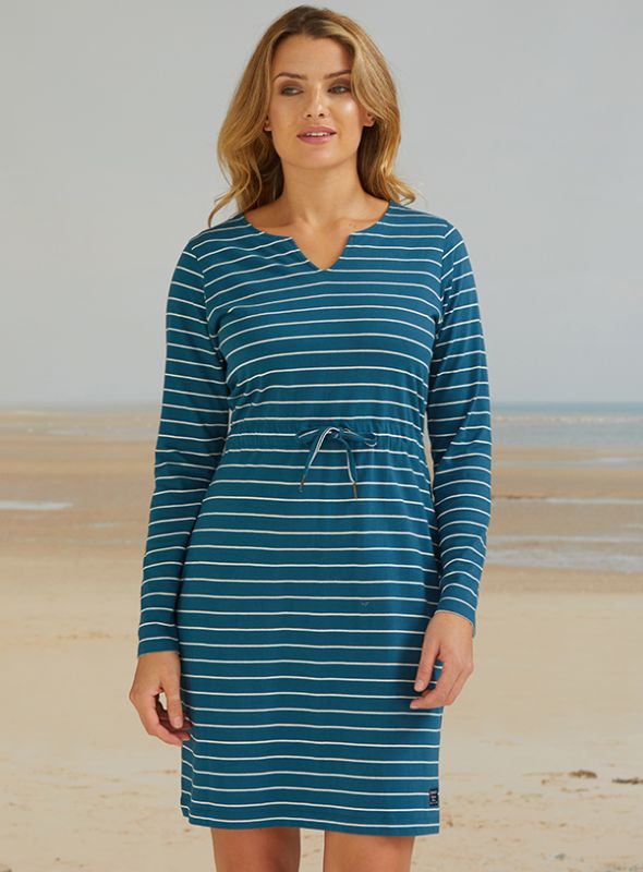 Clover Notch Neck Striped Dress - Diver Blue/Foam White | Quba & Co
