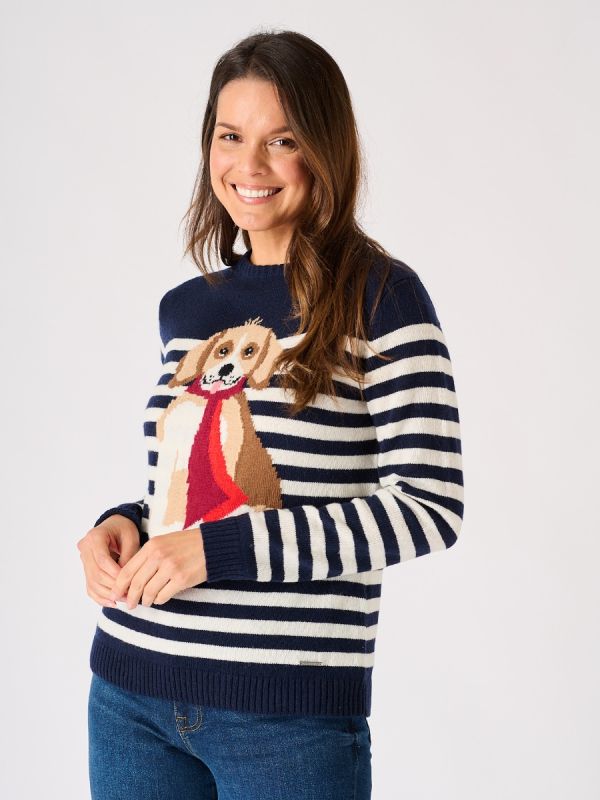 Navy and White Striped Dog Design Knitted Jumper - Collared