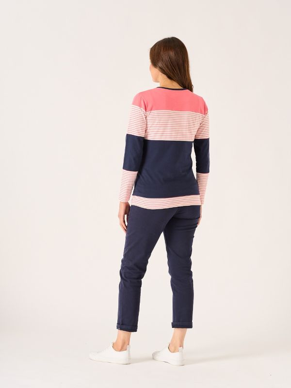 Colne Colour Block Navy and Pink Long Sleeve T-Shirt