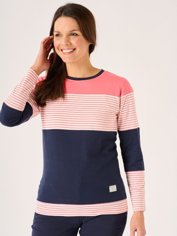 Colne Colour Block Navy and Pink Long Sleeve T-Shirt