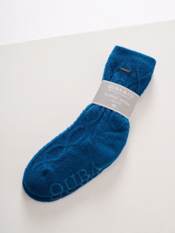 Men's Teal Blue Warm Cable Knit Slipper Socks - Copner