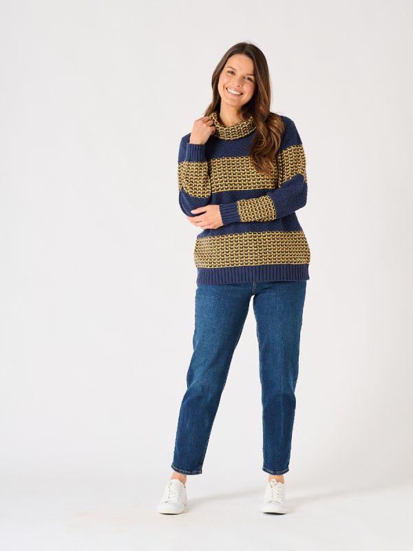 Navy and Ochre Striped Cowl Neck  Jumper - Curlew 
