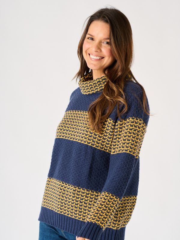 Navy and Ochre Striped Cowl Neck  Jumper - Curlew 