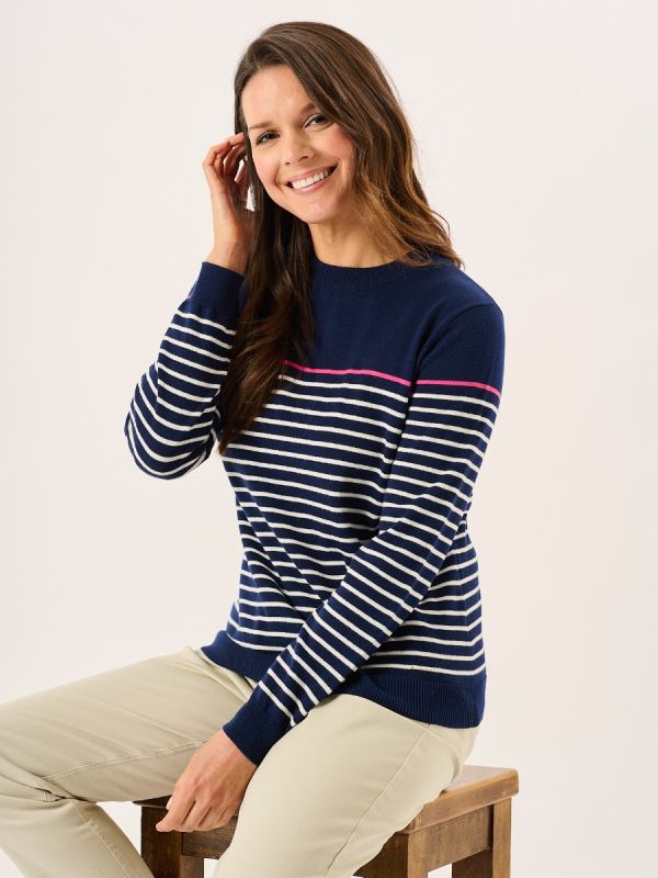 Navy And White Breton Style Stripe Cotton Knit Jumper - Dalia