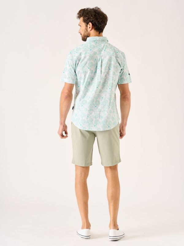 Dovensham White and Green Short Sleeve Shirt With Leaf Design