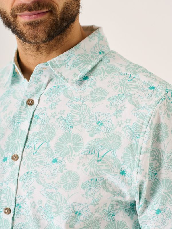 Dovensham White and Green Short Sleeve Shirt With Leaf Design