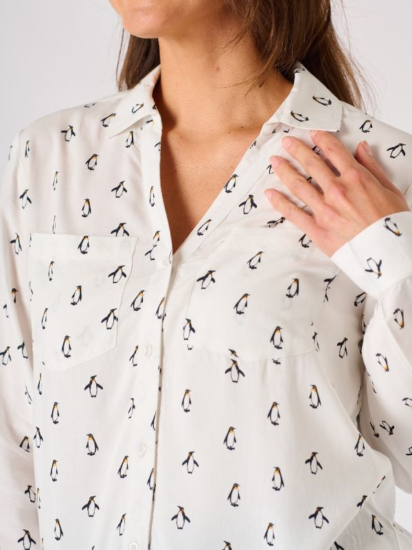 White Long Sleeved Penguin Print Shirt - Dullin