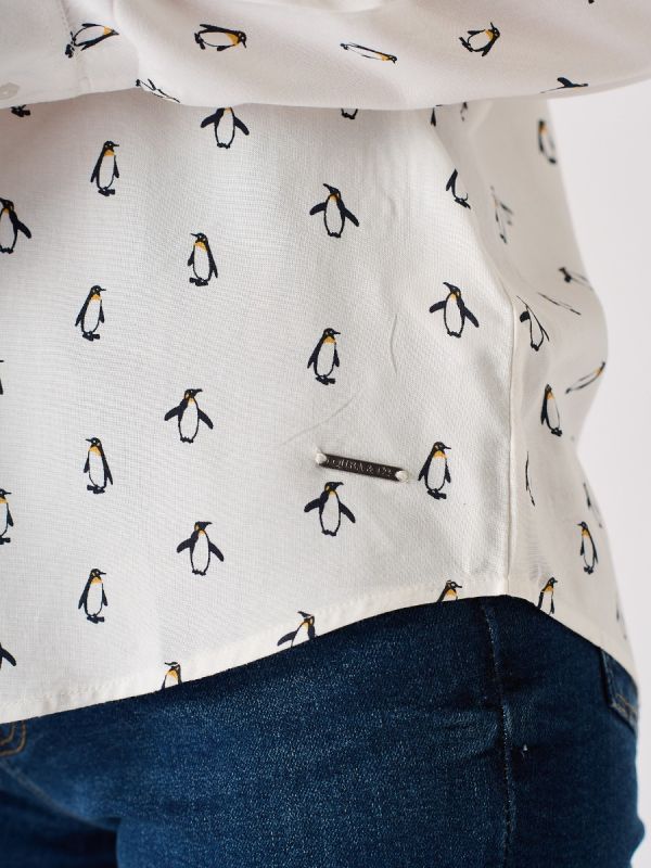 White Long Sleeved Penguin Print Shirt - Dullin