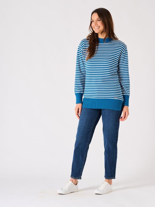 Blue and White Striped Button Shoulder Knitted Jumper- Fody