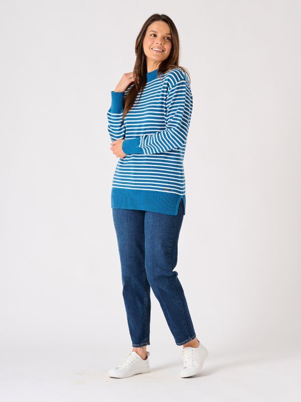 Blue and White Striped Button Shoulder Knitted Jumper- Fody