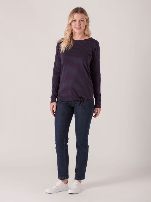 Gail Long Sleeve Stripe Side Tie Tee - Purple Berry / Deep Navy | Quba & Co Tops & T-Shirts 