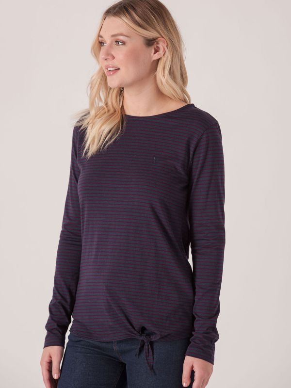 Gail Long Sleeve Stripe Side Tie Tee - Purple/Navy