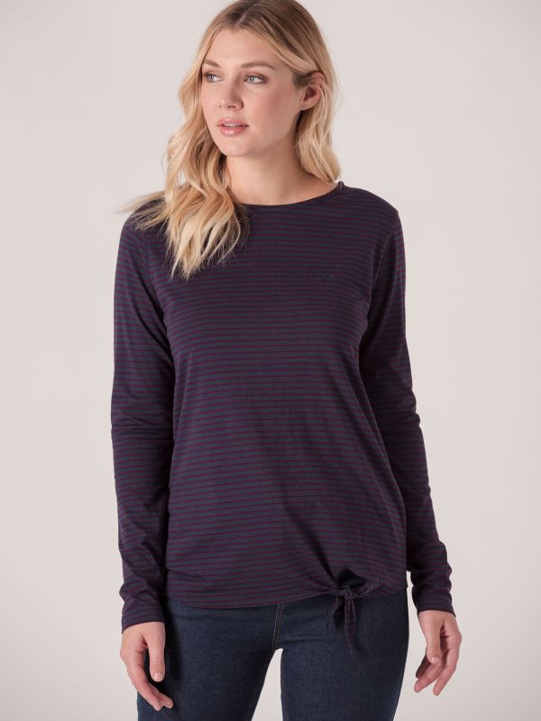 Gail Long Sleeve Stripe Side Tie Tee - Purple/Navy