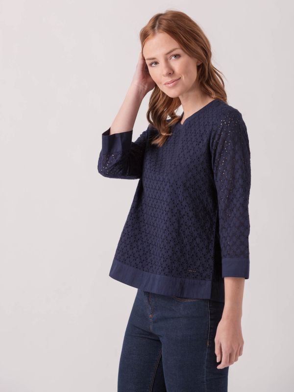 Gayfeather Navy Broderie Long Sleeve Top