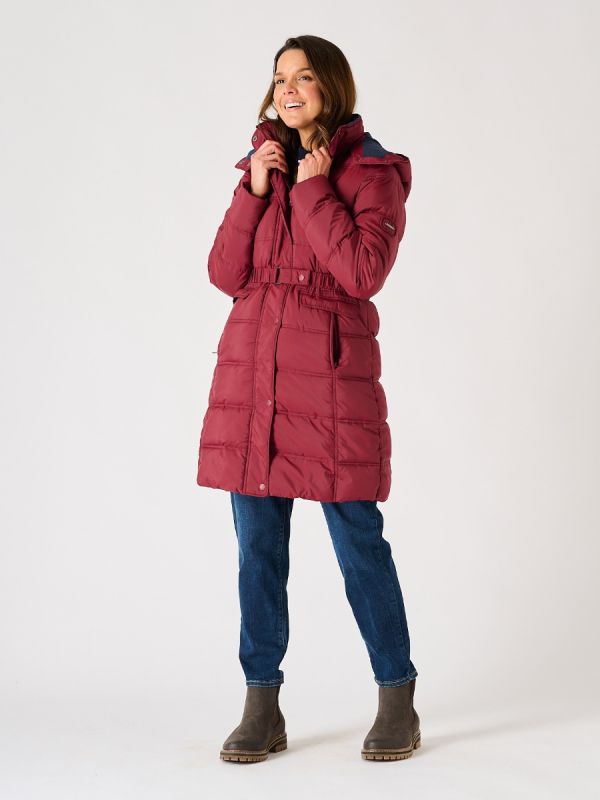 Cherry Red Fleece Lined Belted Puffer Coat