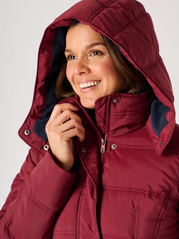 Cherry Red Fleece Lined Belted Puffer Coat