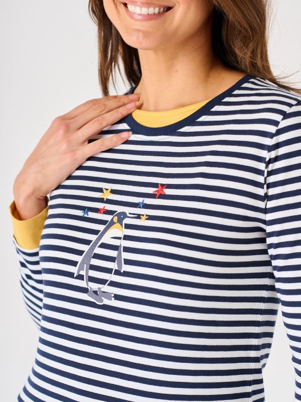 Navy and White Striped Penguin Design Long Sleeve T-Shirt - Hatcher