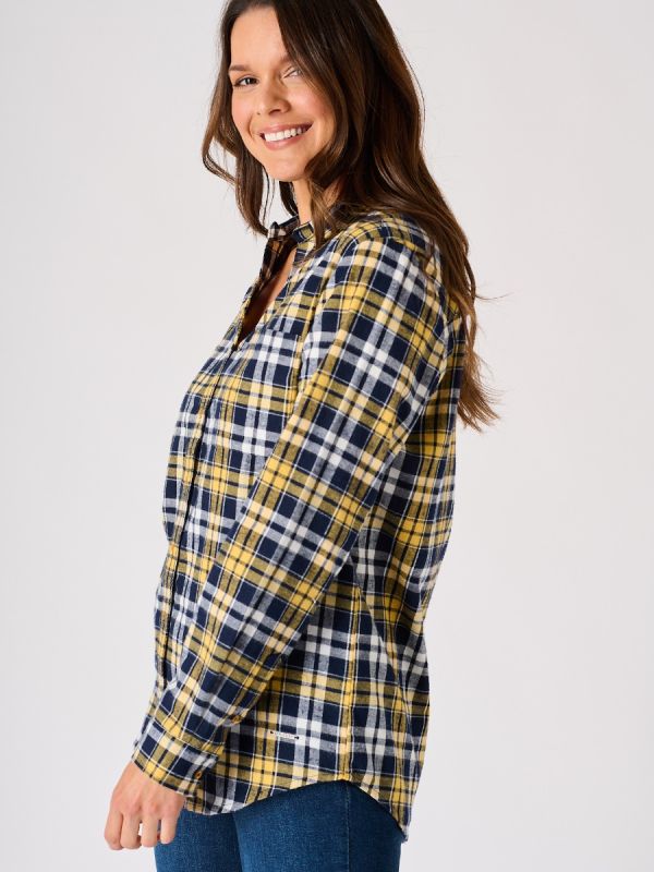 Blue and Ochre Long Sleeved Checked Shirt - Jalas
