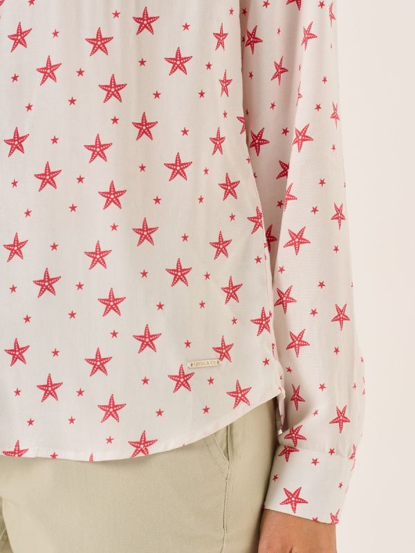 White And Coral Viscose Starfish Print Long Sleeve Shirt - Kati