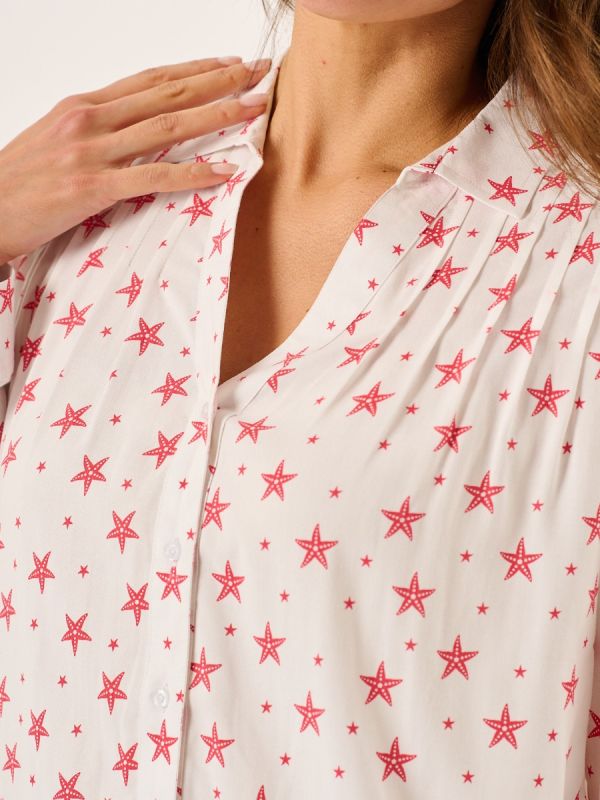 White And Coral Viscose Starfish Print Long Sleeve Shirt - Kati