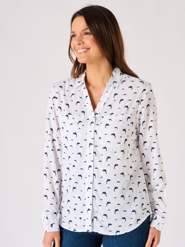 White Long Sleeved Dolphin Print Shirt - Kitti