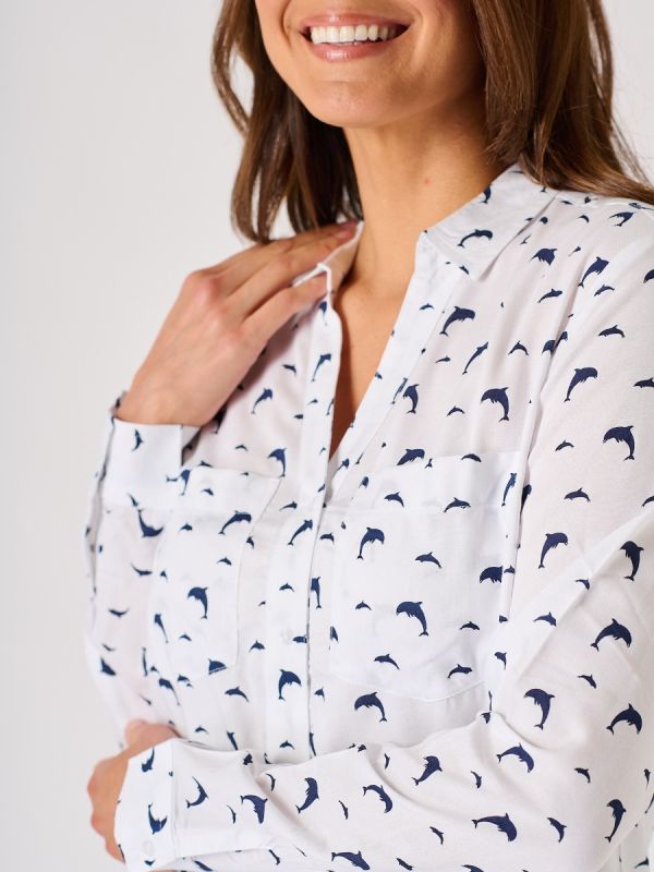 White Long Sleeved Dolphin Print Shirt - Kitti